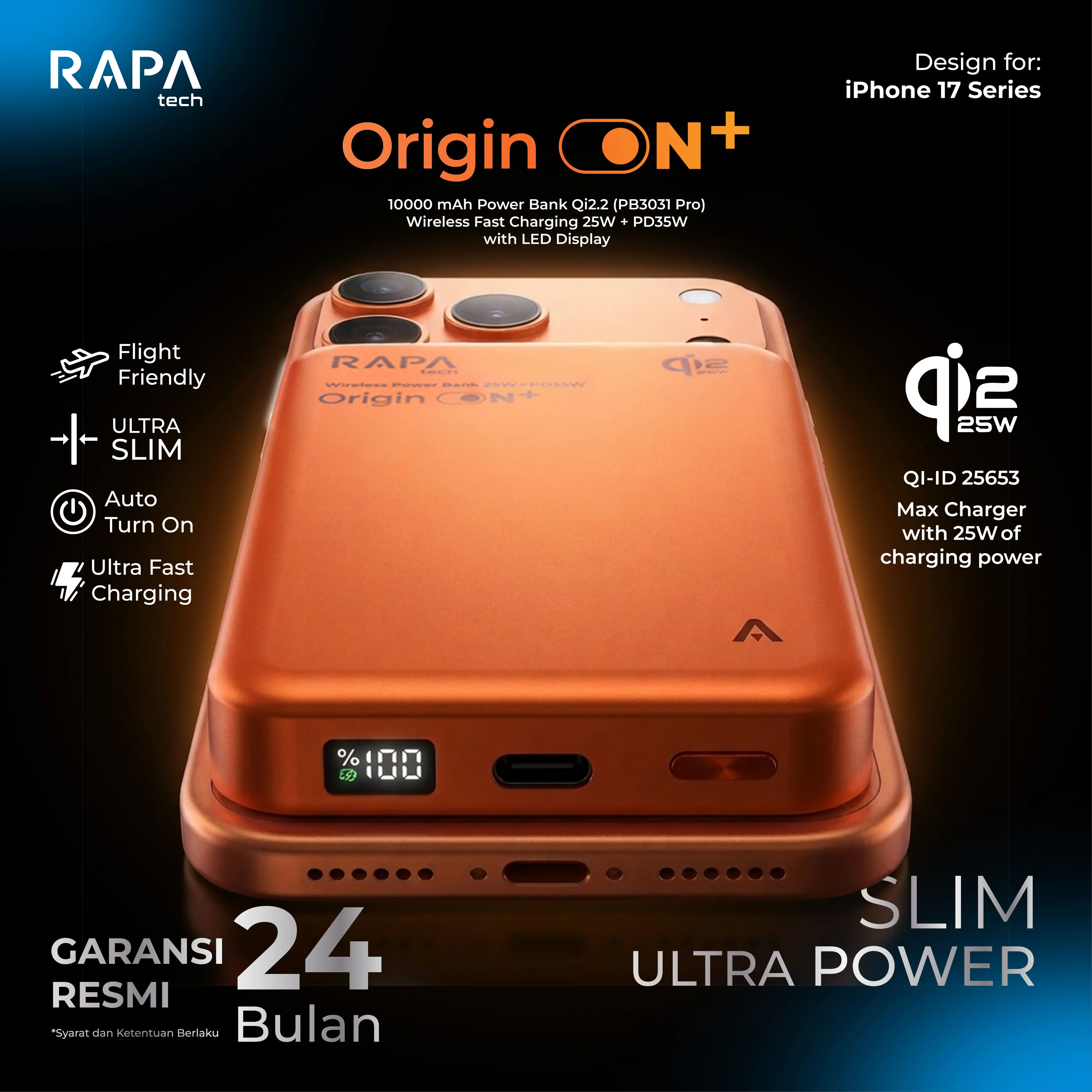 RAPAtech Wireless Power Bank 3C/CCC 10.000 mAh Qi2.2 Fast Charging 35W for iPhone 17 16 15 Origin ON+ Wireless 25W LED Display Powerbank Magsafe - ULTRA SLIM Powerbank for Iphone & Android