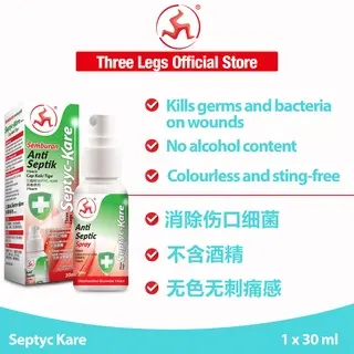 Three Legs Septyc Kare - Antiseptic Spray - Kill Germs & Bacteria On Wounds - Alcohol Free - Sting Free -Halal Certified