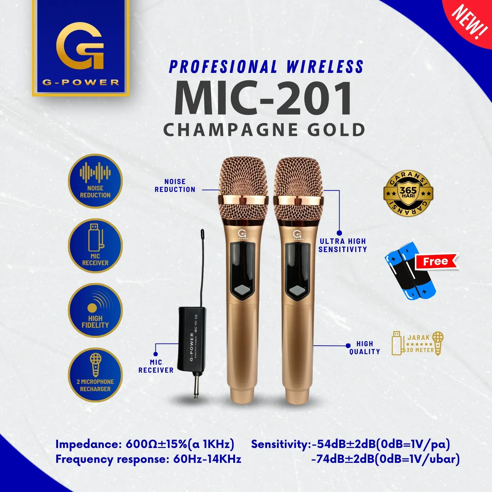 G-POWER Mic 201 Champagne Gold(VHF) Receiver System Mic Karaoke Genggam Recharge Wireless Microphone Profesional Mikrofon