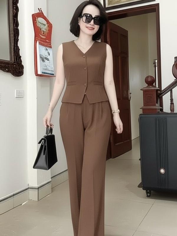 Set Bộ Áo vest nữ trơn, form ôm nút gài cổ V, Quần suông dáng dài cạp chun sau, Mã B48