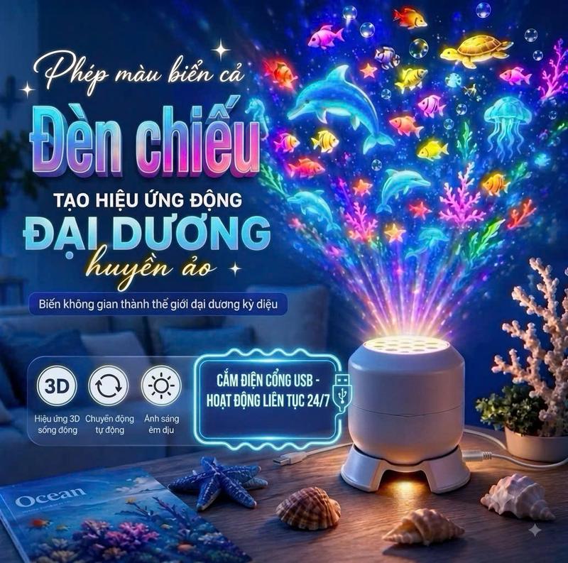 Đèn Chiếu Đại Dương 3D Cho Bé, Đèn Dcor, Đèn Ngủ - Xoay 360 Hình Ảnh Sác Nét…