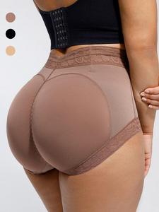 1 unidad de bragas moldeadoras para mujer con levantamiento de glúteos y control abdominal; faja, parte inferior color sólido con ribete de encaje; shorts moldeadores que crean cintura de reloj de arena; braga cómoda para entrenamientos y uso diario