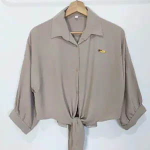 Kemeja Wanita Crop Crinkle Polos Casual Lengan 7/8 Oversize