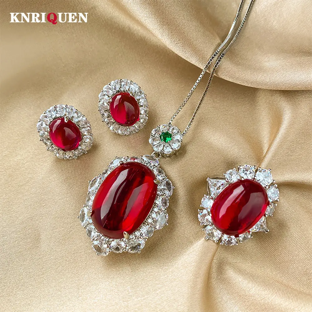 Retro Fluorescence Ruby Necklace Pendant Ring Earrings Charms Lab
