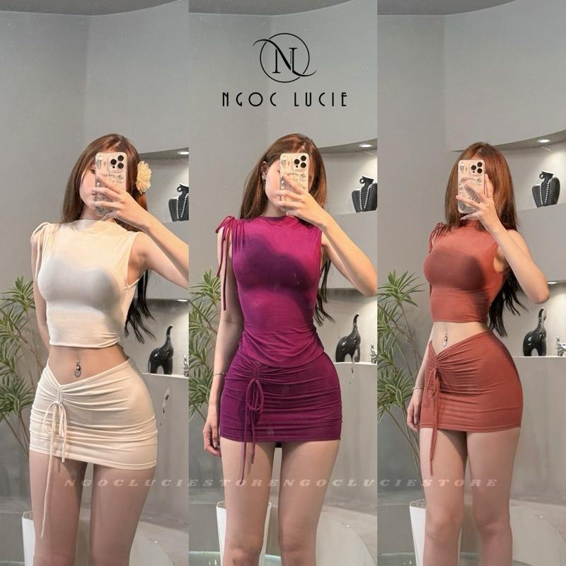 S352 - Set Đi Biển 2 Món Áo Sát Nách Nhún Eo Rút Vai + Chân Váy Rút (có quần trong) - Ngọc Lucie