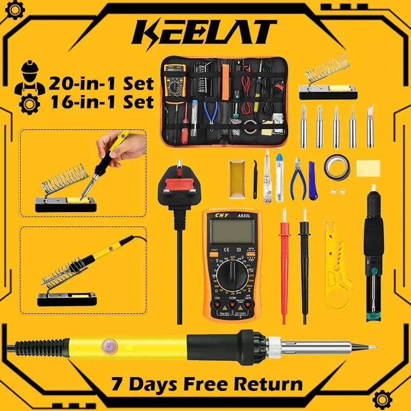 KEELAT  20Pcs 60W Electric Soldering Iron Set Multimeter Set Adjustable Temperature 200-450℃ Soldering Tin Hot Pencil Tool Hand Tool Melt Solder High Quality
