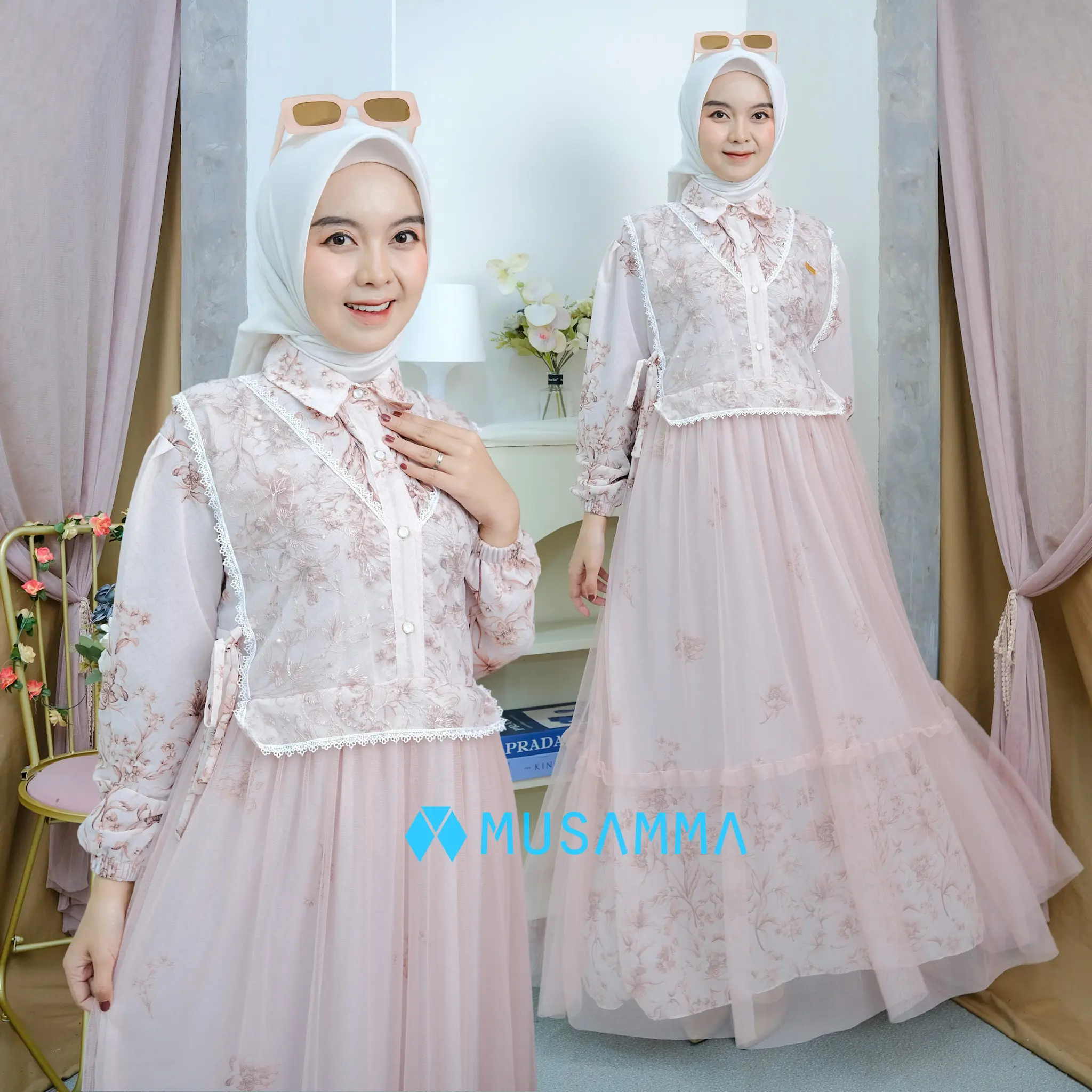GHINA DRESS - Gamis Ceruty Print Full Furing Mix Tile Renda Busui dan Wudhu Friendly