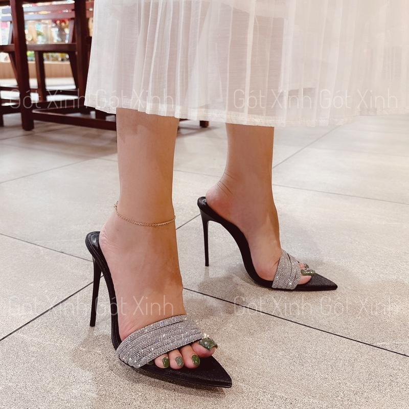 GÓT XINH -Guốc cao gót nữ 5 quoai đá ngang bling mũi nhọn sang chảnh cao 7 đến 12 phân (5D)  Shoes DéP giày Jean Women sandal hoa giày  sandal
