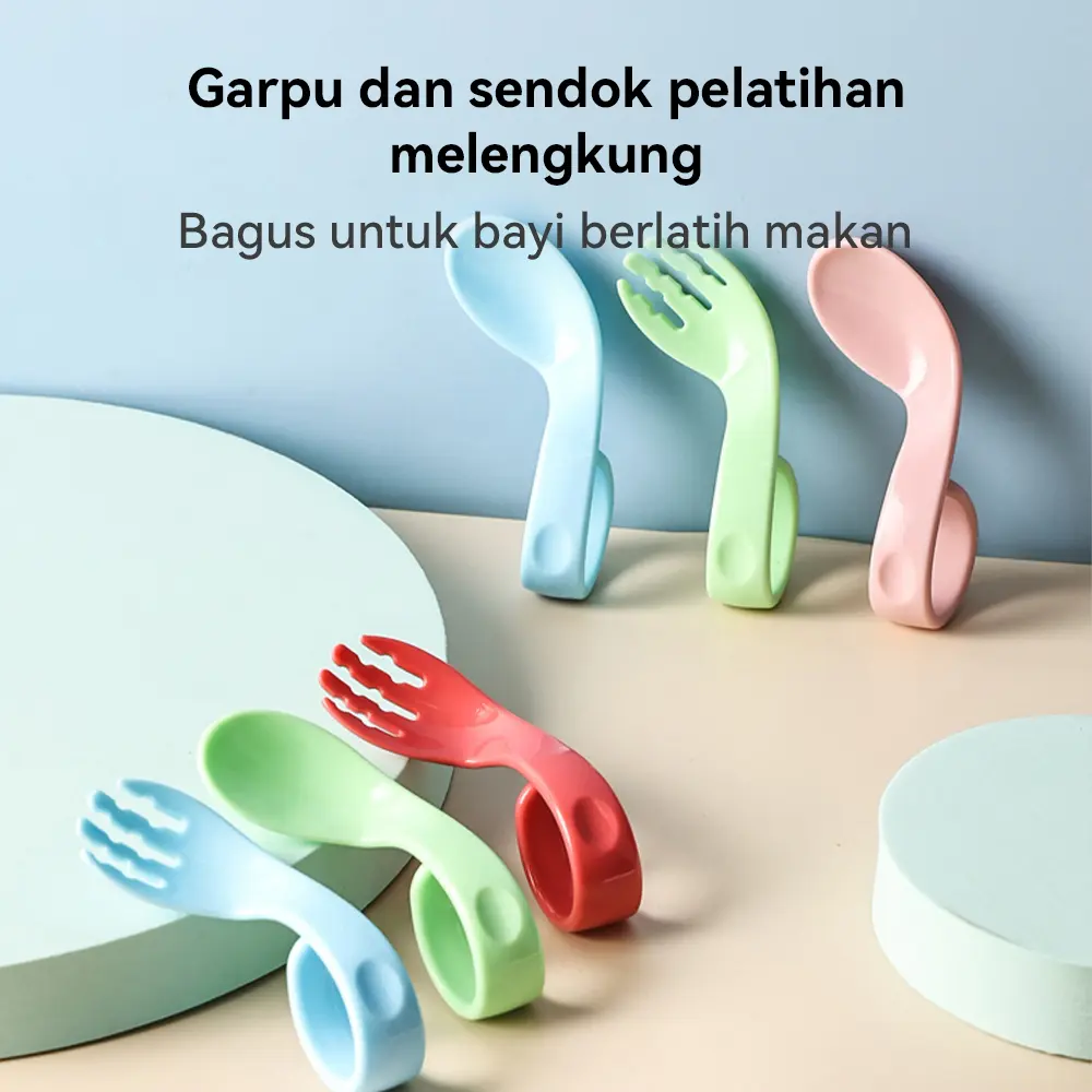 BAMBINO Sendok Garpu Makan Mpasi Anak Bayi Set Bpa Free Training Spoon Anak Silikon Dengan Merah Peralatan