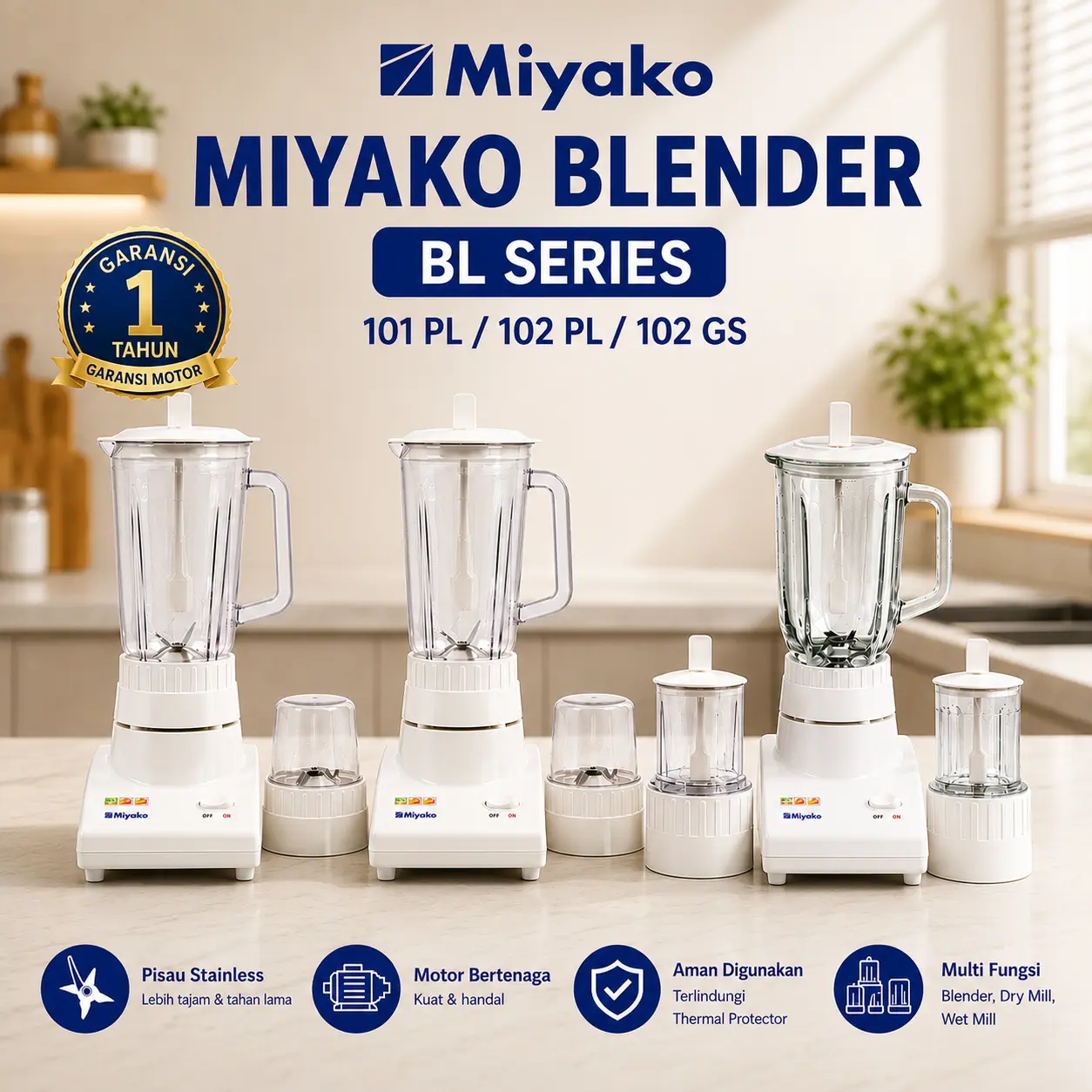 Miyako Blender Plastik 3 in 1 BL - 102 1 Liter Pisau Stainless Mesin - DV