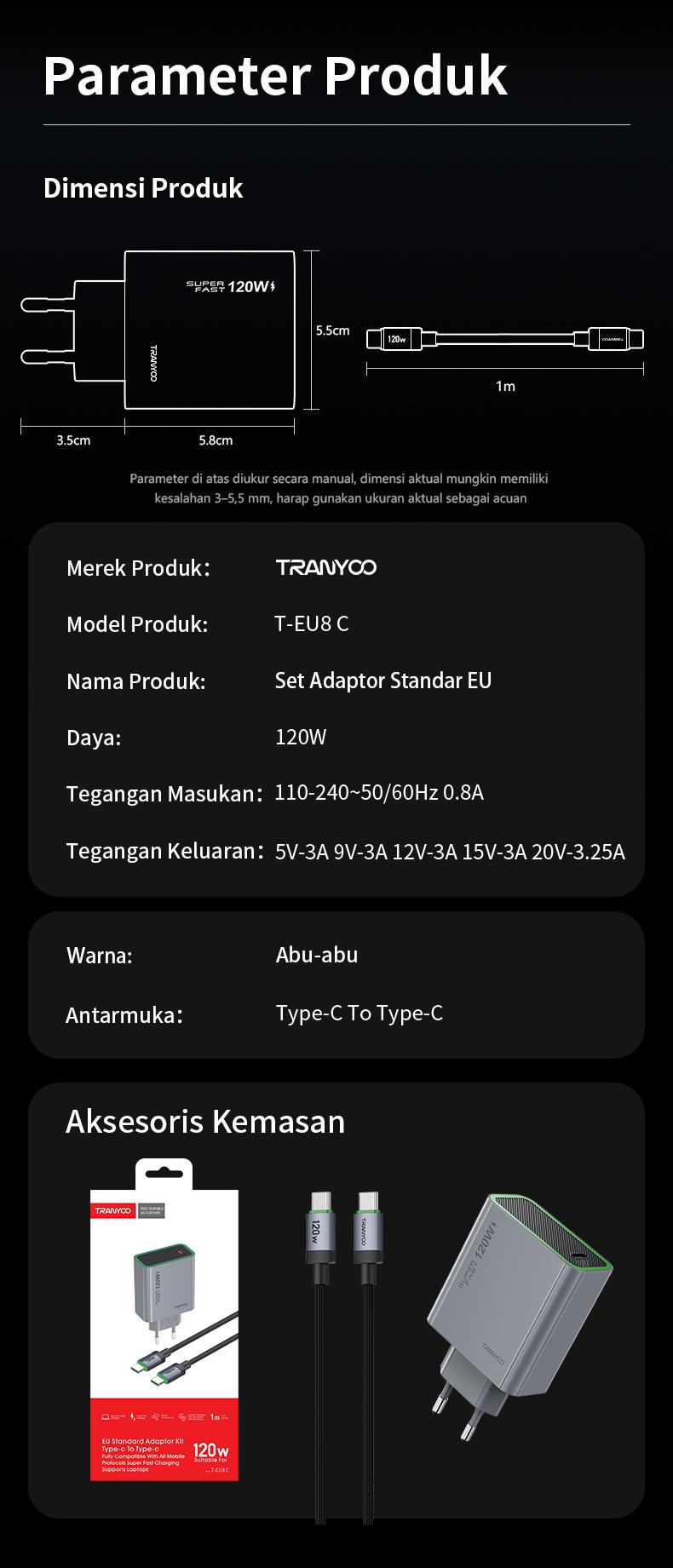 TRANYOO Charger HP GaN 120W Kabel Data Type-C Adaptor untuk Handphones Quick Charger Fast Charging PPS Support Cocok untuk Vivo OPPO Xiaomi HUAWEI realme iPhone Honor POCO Samsung Super Fast Charging Kompatibel Semua Merek Charger Data Cable Set T-EU8C TRANYOO Charger HP GaN 120W Kabel Data Type-C Adaptor untuk Handphones Quick Charger Fast Charging PPS Support Cocok untuk Vivo OPPO Xiaomi HUAWEI realme iPhone Honor POCO Samsung Super Fast Charging Kompatibel Semua Merek Charger Data Cable Set T-EU8C