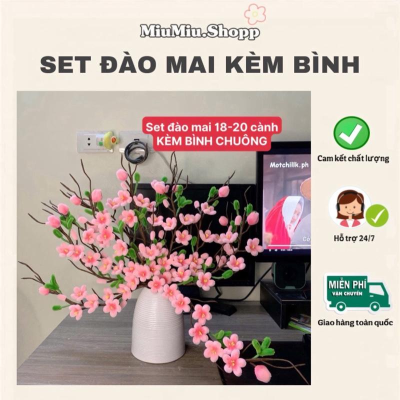   SET ĐÀO-MAI CẮM BÌNH   150s hồng 50s xanh lá 20 kẽm cành 1 bó nhuỵ 2 sáp quấn tặng 2 tag tết 1 đèn led  thành phẩm: 130-150 bông- khoảng 18-20 cành đào cắm Decor Phòng 
