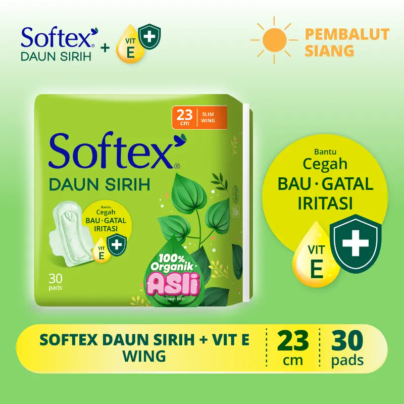 Softex Daun Sirih + Vitamin E Jumbo Pack 23cm 30s  - Pembalut Daun Sirih Siang