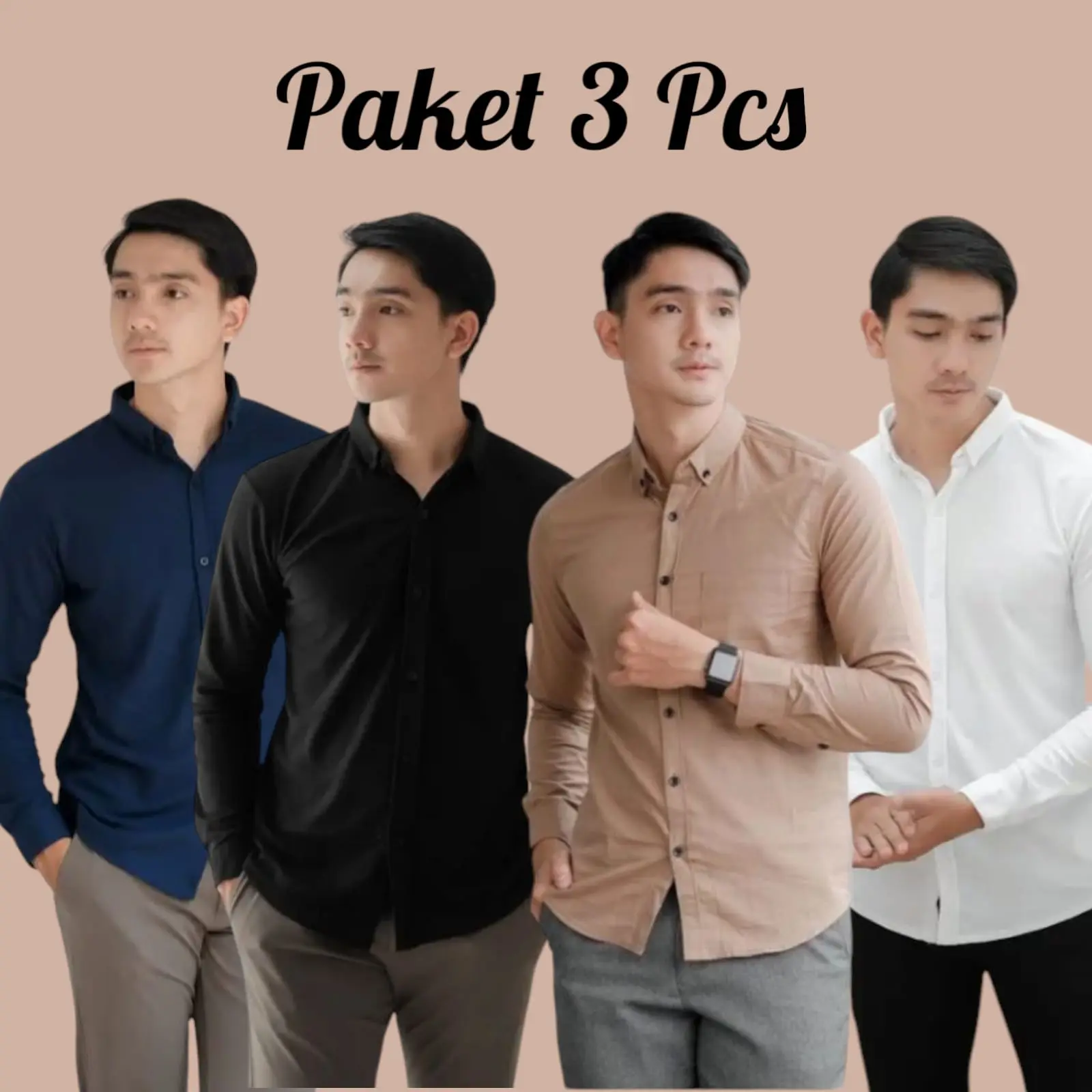 Paket Isi 3 Pcs Kemeja Pria Lengan Panjang Polos Casual Formal Slimfit Baju Kerja Kantor Katun Cowok Dewasa Hitam Putih