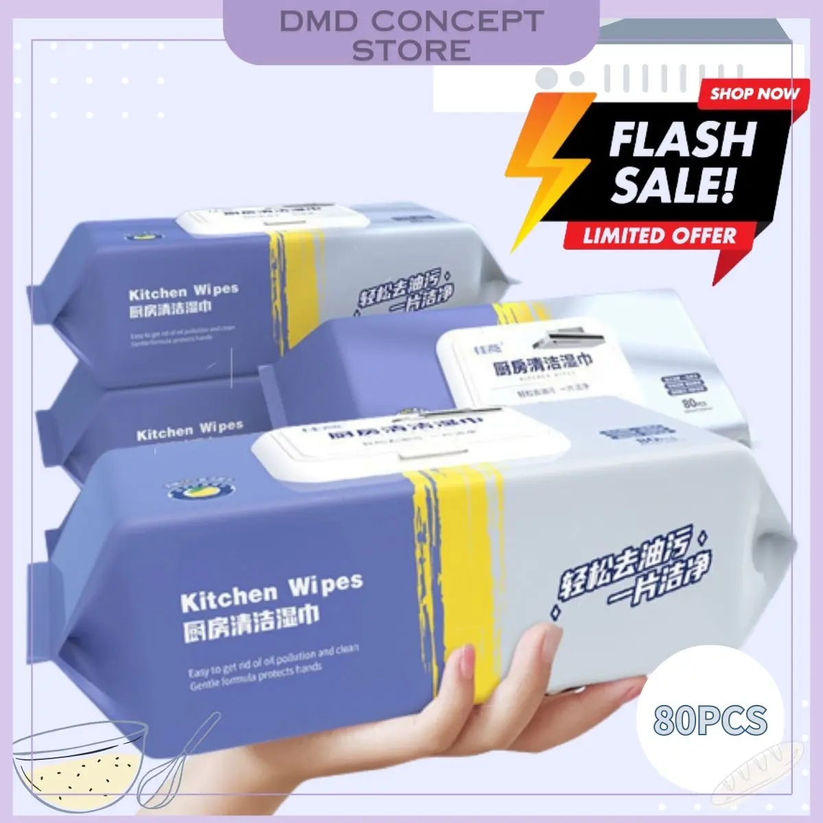 5 Packs SKIN FRIENDLY 80pcs Extra Thick Kitchen Cleaning Wipes Multifunctional Strong Decontamination Degreasing Wet Tissue with Lemon Extarct Tisu Pembersih Dapur Kitchen Soft Kitchen Tisu Dapur Supplies Kitchen Wet Tissue kitchen Wipes