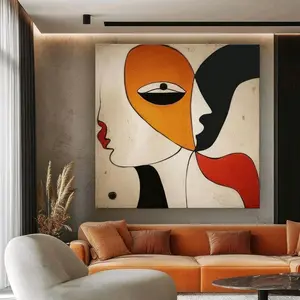 Lukisan Abstrak Wajah Oranye Hitam untuk Dekorasi Ruang Tamu Modern dan Elegan ukuran    1mx1m