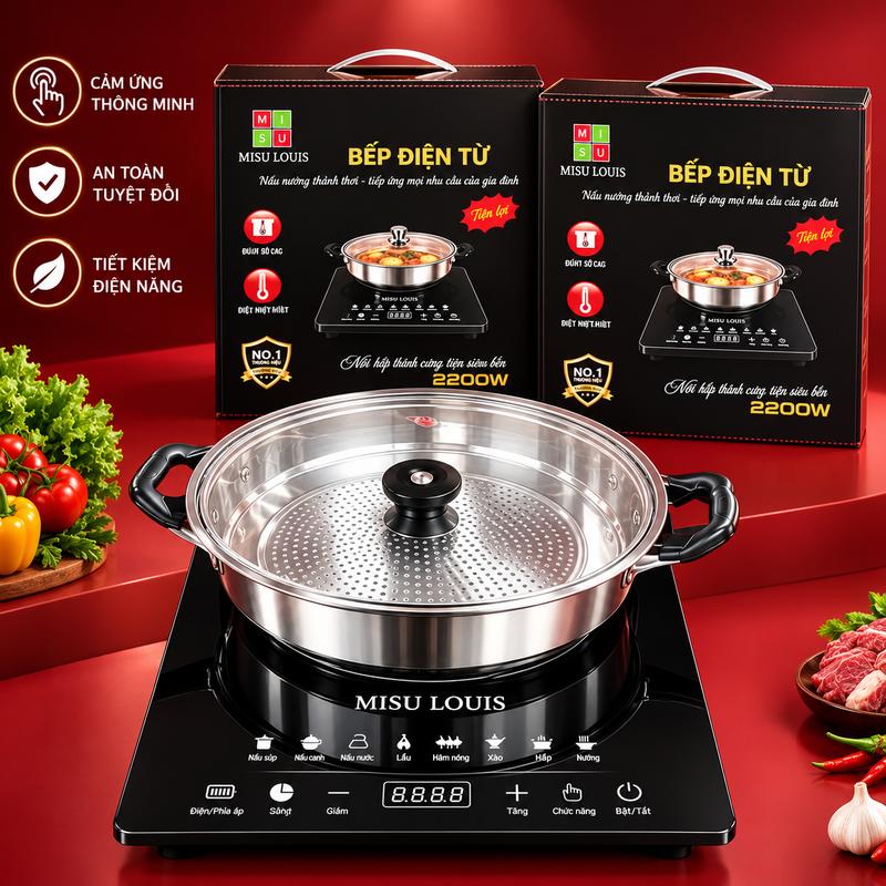 Bếp Điện Từ Tặng Nồi Inox Công Suất 2200W, Điều Chỉnh Bằng Nút Ấn Bảng Tiếng Việt, Thiết Kế Sang Trọng,Mặt Kính Chịu Nhiệt Cao