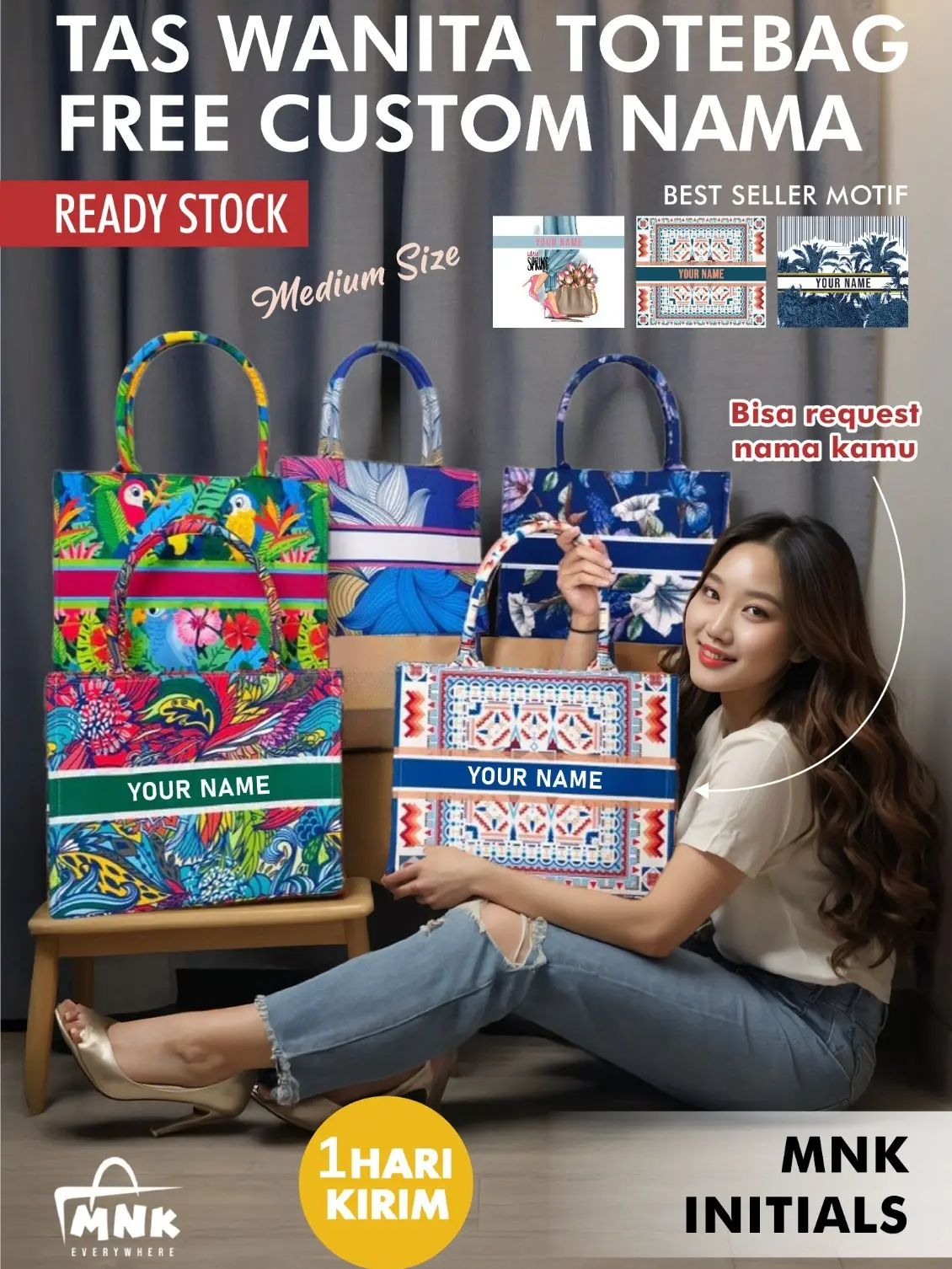 TAS KANVAS TOTEBAG MNK BAG | TAS WANITA RN SERIES | READY STOCK!!! MNK INITIAL (MEDIUM) (BISA PAKAI NAMA) Kanvas Tote Canvas Pria tote  bags