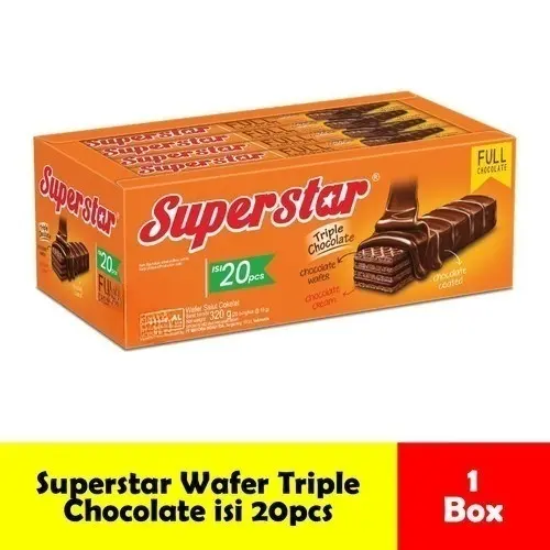 Superstar Wafer Triple Chocolate Full Chocolate Box Isi 20 x 16gr Wafer Salut Cokelat Roma Wafer Coklat Snack Cemilan Murah Halal 1