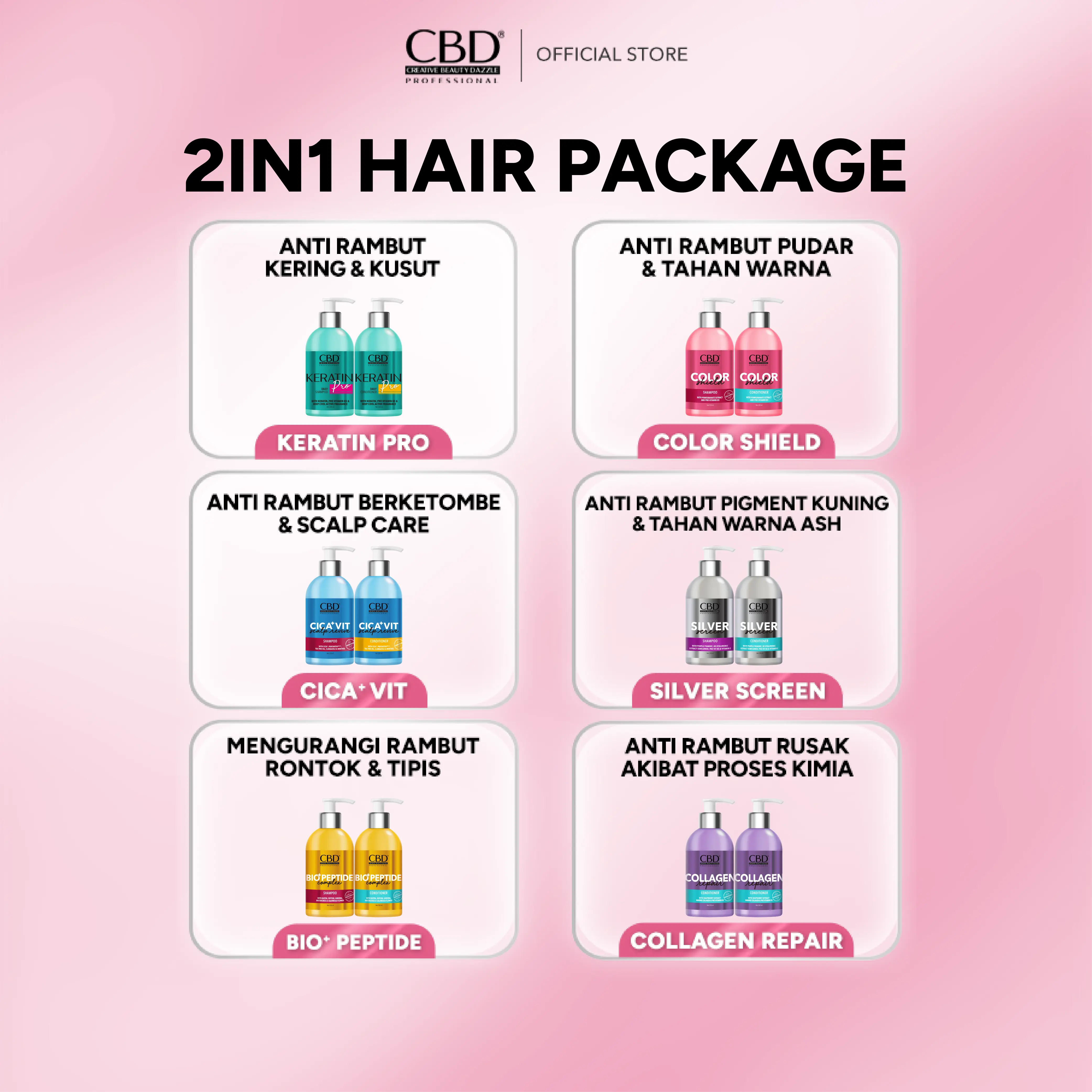 [CREATOR] [2IN1] CBD Professional Keratin Pro/Color Shield/Collagen Repair/Bio+ Peptide/Cica+ Vit Shampoo + Conditioner 250ML - Haircare Perawatan Membersihkan Ketombe Kotoran Melembutkan Rambut Kering Kusam Lepek Rontok mengandung Vitamin Biotin Menthol