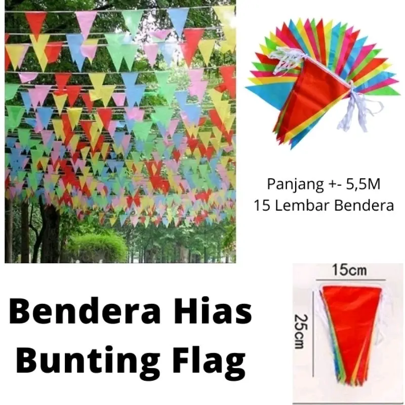 BENDERA KAIN SEGITIGA WARNA WARNI UMBUL- UMBUL BUNTING FLAG 1 SET 15 BENDERA PANJANG 5,5METER
