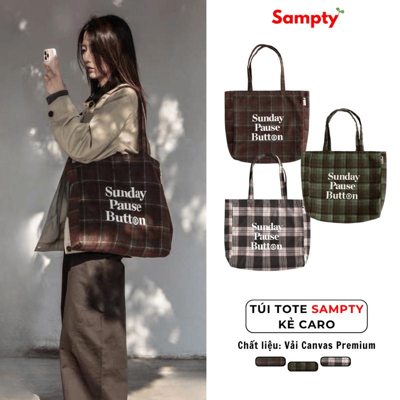  Túi Tote Kẻ Caro Sampty Đeo Vai Nữ Vải KATE Premium 2 Lớp Dày Dặn Sunday Pause Button Autumn 2025 
