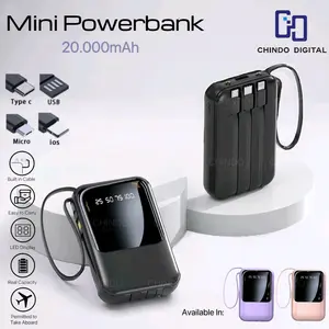 Powerbank 20000 mAh Mini With 4 USB Cable Lighrweight Universal Powerbank LED Display Baterai Pengisi Charger
