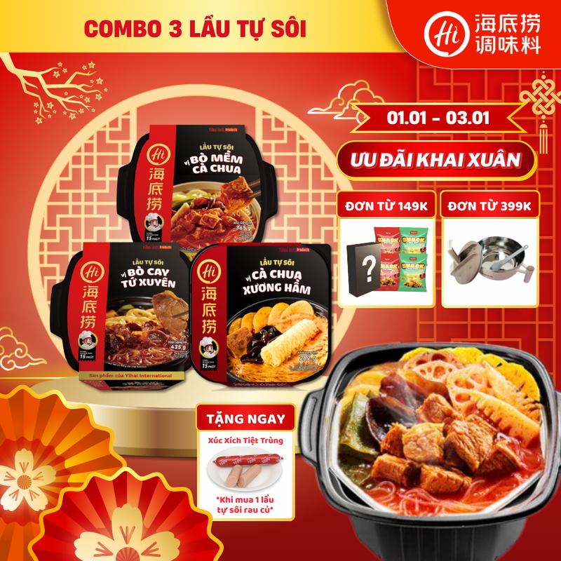 TẶNG THÊM XÚC XÍCH CHO LẨU RAU CỦ Combo 3 Lẩu tự sôi mix vị Bò cay Tứ Xuyên+ Bò mềm cà chua+ Cà chua xương hầm- Tiện lợi không cần bếp- Phù hợp mang cắm trại du lịch ăn khuya