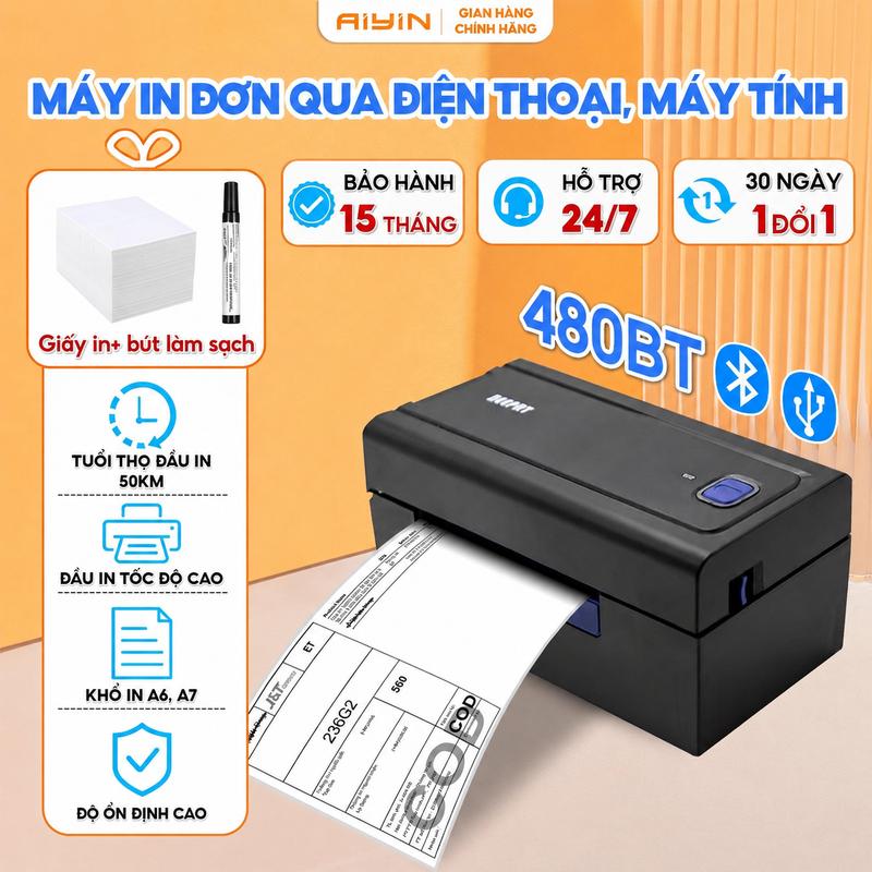 AIYIN Máy In Nhiệt 480BT Bluetooth In Đơn Hàng A6 A7 In Tem Mã Vạch Logo Thiết Kế USB Kết Nối Điện Thoại Máy Tính Bảo Hành 15 Tháng Hỗ Trợ Tư Vấn 24/7