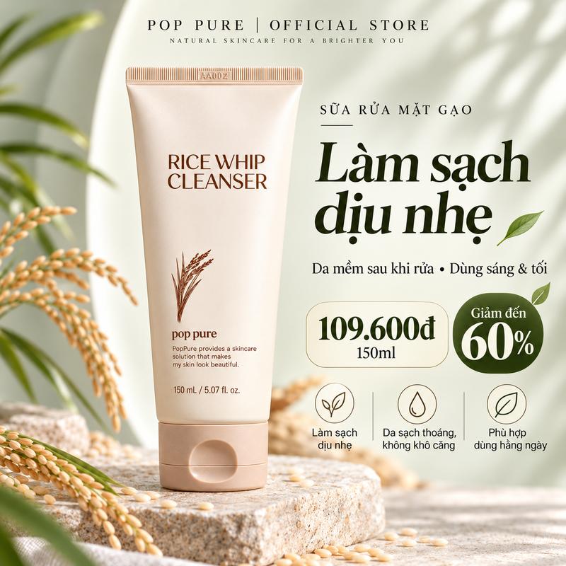 Sữa rửa mặt gạo POP PURE Hàn Quốc – Chiết xuất gạo 49.000ppm với axit hyaluronic và madecassoside – Làm sạch sâu, hỗ trợ làm dịu da và cải thiện tình trạng mụn(Phiên bản nâng cấp)