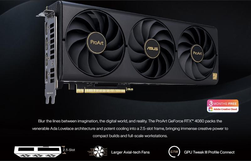 Product Introduction of ASUS ProArt GeForce RTX 4080 RTX4080 16GB OC Edition GDDR6X Graphics Card DLSS 3, HDMI 2.1a, DisplayPort 1.4a 1