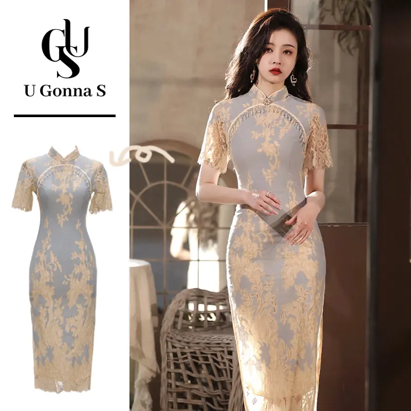 Đầm sườn xám dài với ngọc trai tay áo viền ren cổ áo Trung Quốc Thiết kế elatic thời trang thanh lịch Bodycon 2024 hoa mới tiệc tối ngọt ngào Dress Sen Voi Voan