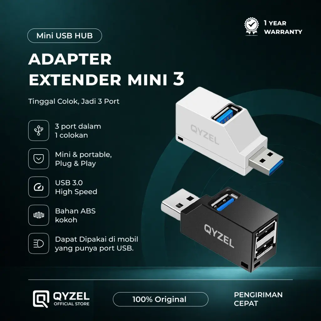 QYZEL USB Hub Extender Mini 3 USB 3.0 Hub 3 Port dalam 1 Colokan Mini Portable High Speed Plug & Play untuk untuk Laptop PC Flashdisk & Wireless Car Adapter