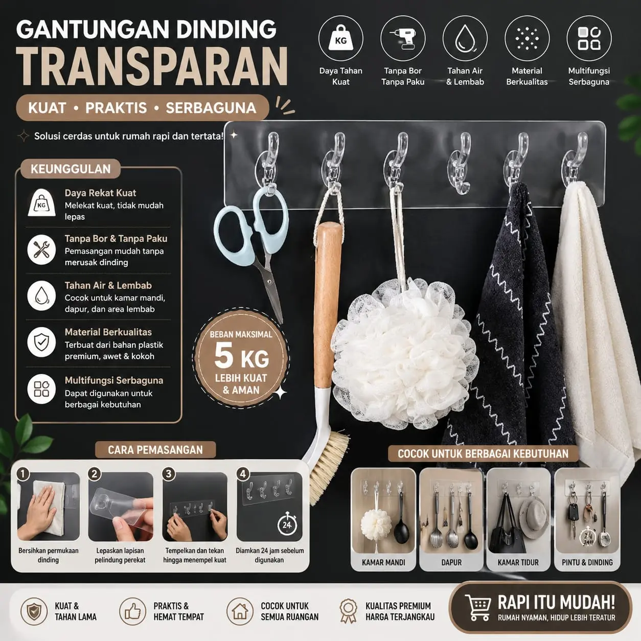 Gantungan Serbaguna Flexibel Tempel Dinding 6 Hook Praktis & Kuat untuk Kamar Mandi Dapur & Ruang Tamu
