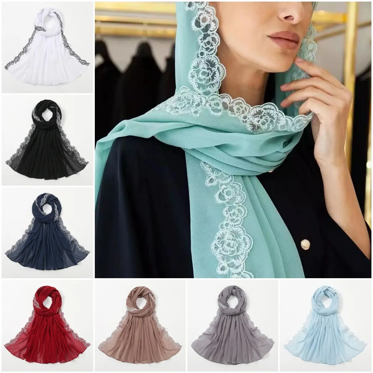 Summer Pearl Chiffon Fashion Lace Scarf Female Foreign Trade New Arrival Hot Sale Ethnic Solid Color Scarf Vs484 selendang  bahu sulam  shawl sahara  shawl selendang