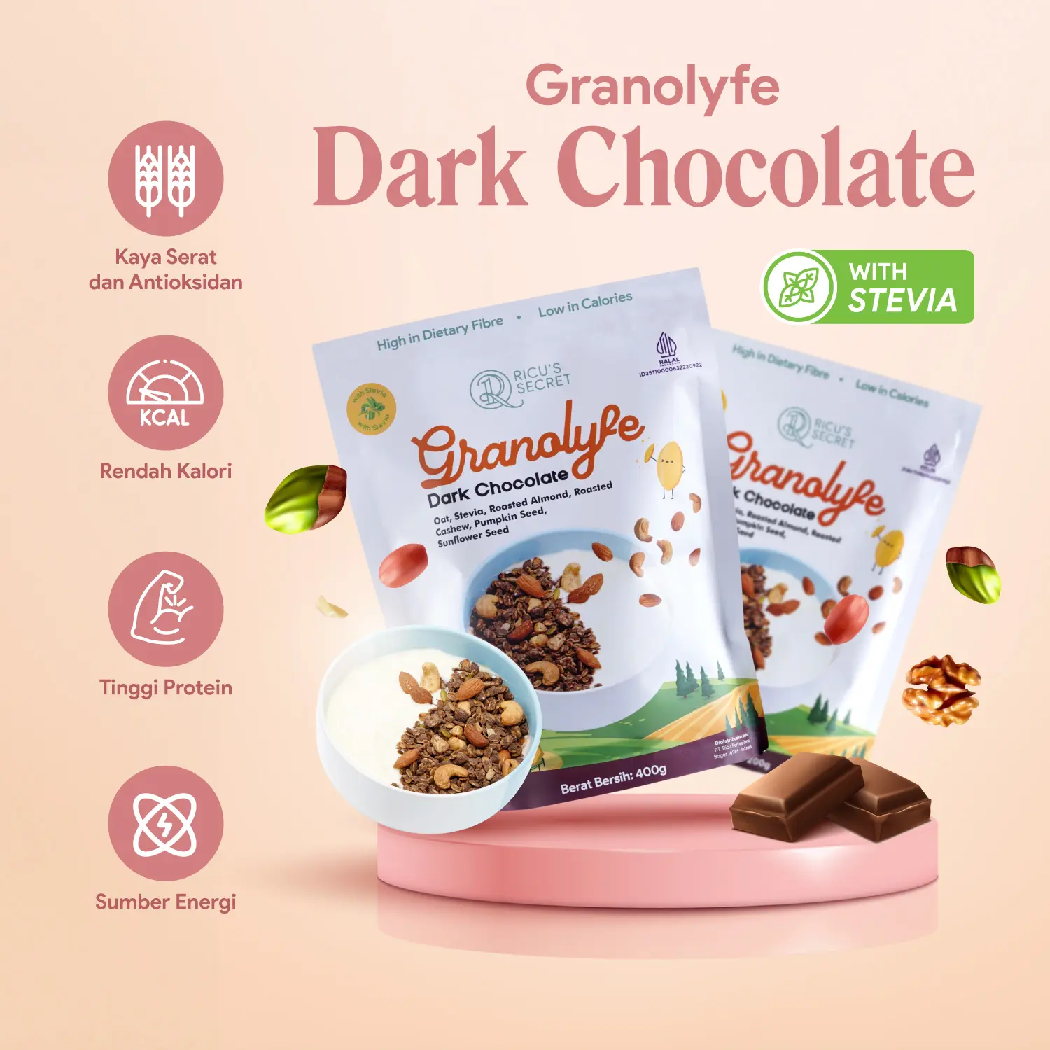 [Ricu's Secret] Granolyfe - Sereal Oat Gandum Granola Dark Chocolate Dengan Stevia (1 Pouch)