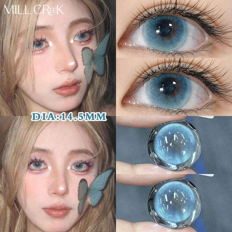 Kính áp tròng, Mill Creek, 1 Cặp / 2 miếng, Đường kính lớn: 14,5mm, 14,2mm, 14,0mm, Màu xanh da báo, Ống kính mềm, Ống kính màu xanh lá cây và màu xám, Chất liệu chính: HEMA WT : 40%, Mua 2 Tặng 3 Ưu đãi