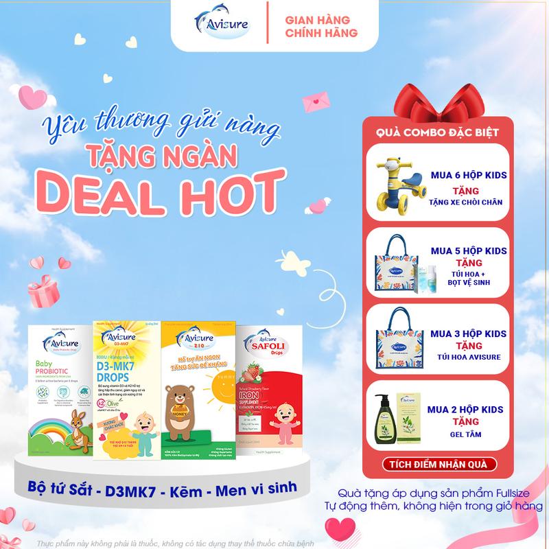 Bộ tứ  lọ Avisure Safoli 30ml , Avisure  D3Mk7 30ml , Avisure Zio 30ml , Avisure Probiotic 20ml bổ sung săt, kẽm, D3MK7, Men tiêu hoá cho bé Men Vi Sinh Vitamin