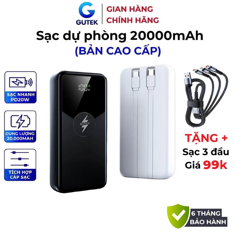 [Tặng sạc 3 đầu] Pin sạc dự phòng Gutek GT229 dung lượng 20000mAh sạc nhanh 22,5W tích hợp dây cáp