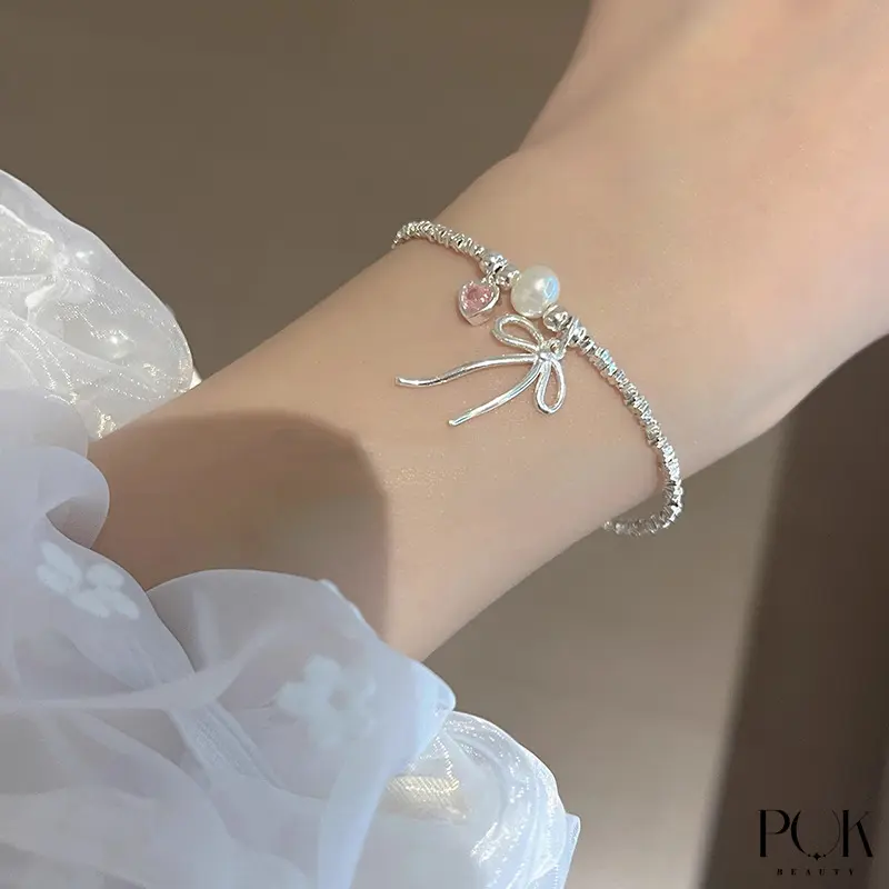 Vòng Tay Nữ, Làm Bằng Thép Titan Không Rỉ Vòng Tay Mặt Dây Chuyền Trái Tim Nơ, Chất Lượng Cao, Thời Trang Và Tinh Tế, Phụ Kiện Trang Trí Cho Bé Gái, Phụ Kiện Đeo Tay, Thích Hợp Làm Quà Sinh Nhật Cho Bé Gái, Một Mảnh