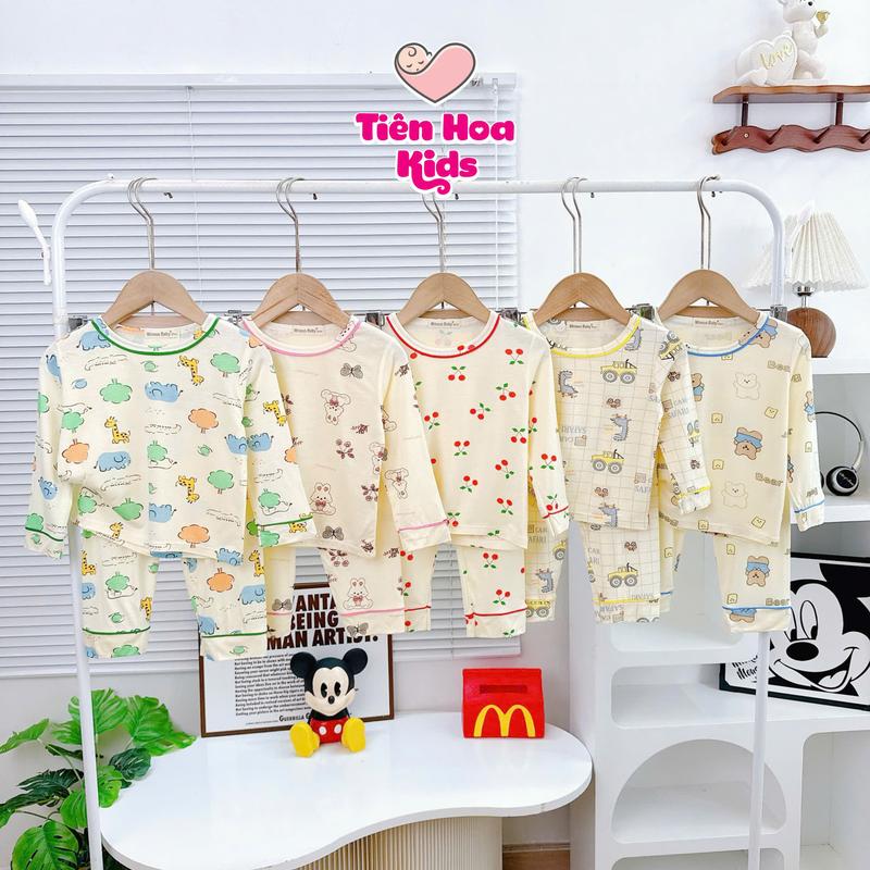 Tiên Hoa Kids Bé 7-32kg Bộ Dài tay Thun Lạnh Pijama nền kem viền màu quần ống suông mềm mịn mát in hình cho bé trai bé gái mặc ngủ đi học