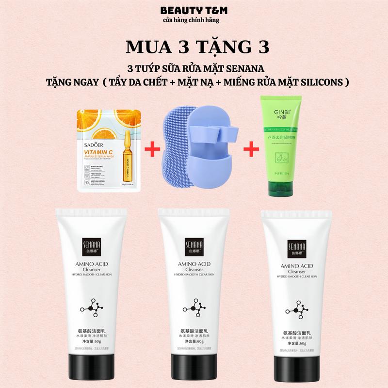  Sữa Rửa Mặt SENANA Amino Acid Cleanser | Làm Sạch Dịu Nhẹ – Dưỡng Ẩm – Mịn Da – Phù Hợp Mọi Loại Da | Quà Tặng 3 Món Ginbi + Mặt Nạ + Silicons 