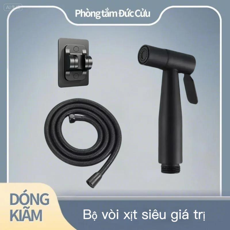 vòi xịt vệ sinh ộ vòi xịt vệ sinh màu đen vòi xịt phòng tắm đen kèm ống mềm 1,5m bọc nhựa móc dán gạch không cần khoan lắp đặt dễ dàng không làm hỏng tường bền và chịu áp lực vệ sinh phòng tắm tiện lợi thiết bị không thể thiếu cho gia đình dây bồn