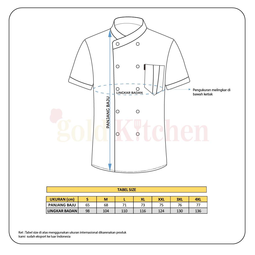 Gold Kitchen Baju Chef Koki Unisex Lengan Panjang Model Style Kualitas Tinggi Bahan Poly-Cotton DRILL Nyaman Dipakai Warna Hitam Putih Biru Navy Abu Gold Kitchen Baju Chef Koki Unisex Lengan Panjang Model Style Kualitas Tinggi Bahan Poly-Cotton DRILL Nyaman Dipakai Warna Hitam Putih Biru Navy Abu
