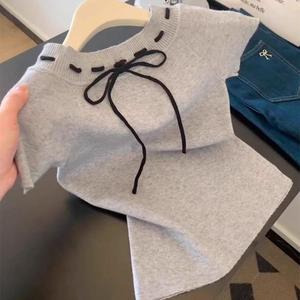 เสื้อยืด แขนสั้น ผ้าถัก สีเทา สำหรับผู้หญิง ฤดูร้อน สไตล์เกาหลี ผูกโบว์ไม่ซ้ำใคร เสื้อทรงสลิมฟิต