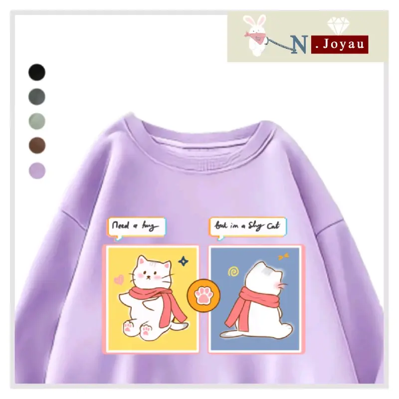 N.Joyau Sweater - Shy Cat | Oversize XXL crewneck Lengan Panjang Outfit Basic Casual Korean Style Aesthetic Sablon DTF Gift  Remaja Wanita Pria Unisex Premium Kekinian Bigsize Jumbo. 3