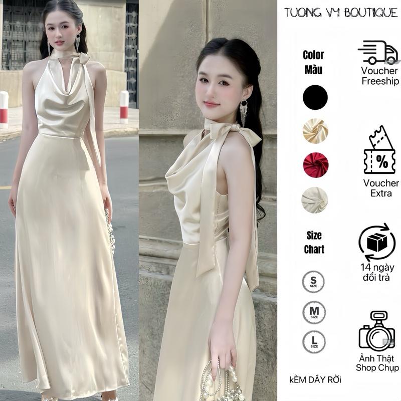 ( KÈM DÂY CỘT NƠ MẶC NHIỀU KIỂU) - Váy LỤA CỔ ĐỖ KÍN LƯNG DÁNG DÀI Chất Lụa Mềm Mịn Lót Đúp Full  Phong Cách Sang Trọng Nhẹ Nhàng Dành Cho Nữ Đi Tiệc - TUONGVY90 Dress Kem Women Voi Sen