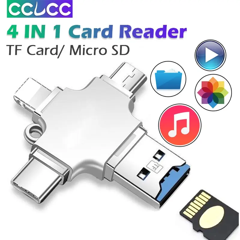 Bộ chuyển đổi OTG 4 trong 1 CCLCC cho Lightning / USB / Micro USB / Type C,Micro SD , SDHC, TF, đầu đọc thẻ nhớ cho iPhone 15/14/13 Pro max 12 11 8 7plus, HUAWEI XIAOMI /iPad/ điện thoại thông minh / máy tính bảng / PC, máy tính xách tay 0