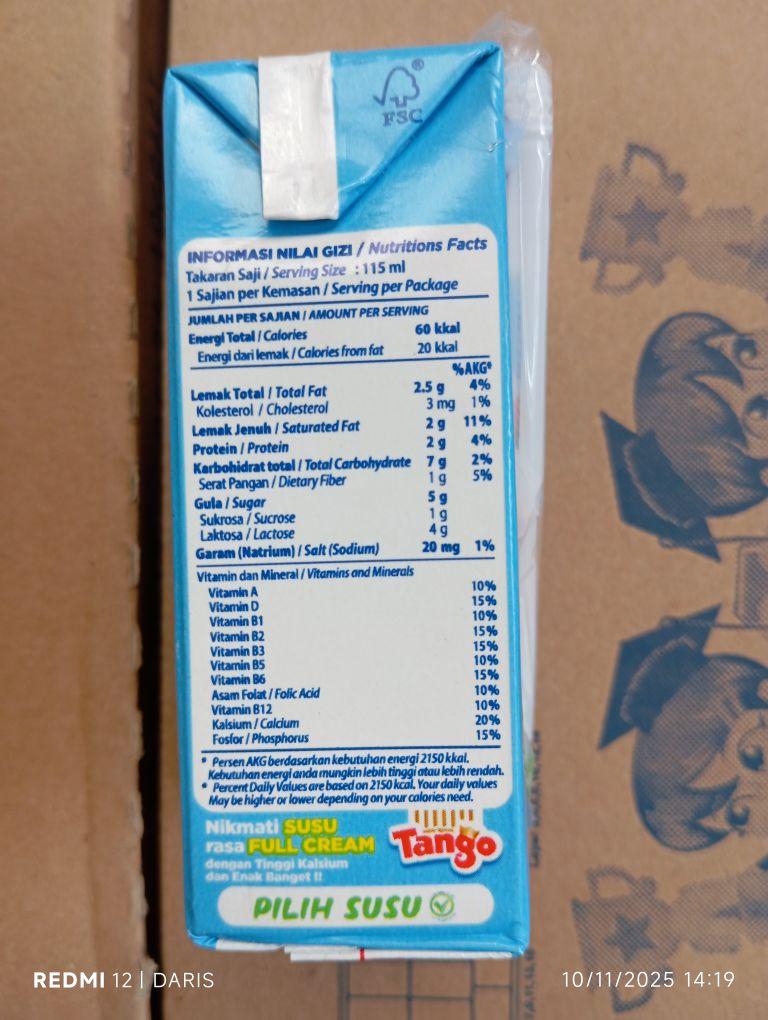 Tango Kido Susu UHT Full Cream 1 Dos Isi 36 Pcs 115ml Sumber 9 Vitamin Tinggi Kalsium & Sumberzink