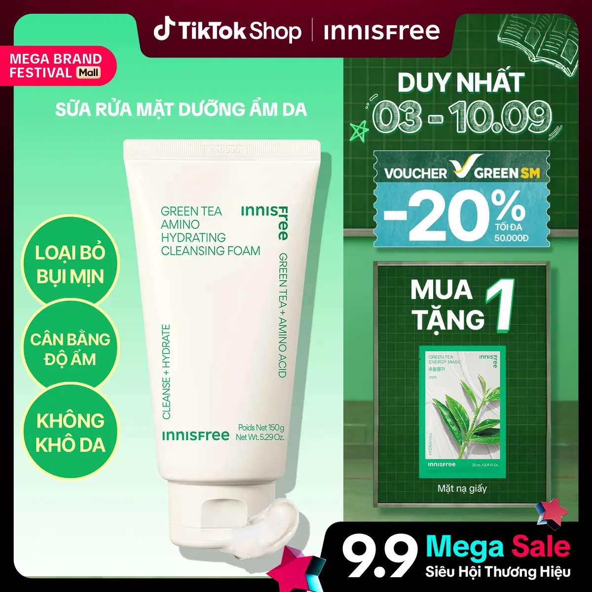 Sữa Rửa Mặt Dưỡng Ẩm innisfree Green Tea Amino Cleansing Foam 150g